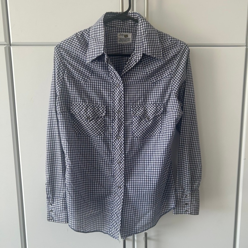 Vintage Lady DJ Dickson Jenkins Western Pearl Snap Shirt Navy Gingham Check USA